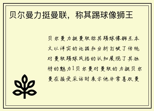 贝尔曼力挺曼联，称其踢球像狮王